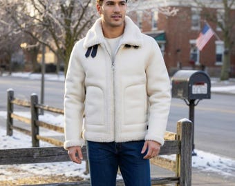 Men’s White Shearling Jacket – Handmade Winter Sheepskin Coat – Warm Fur Collar Leather Jacket