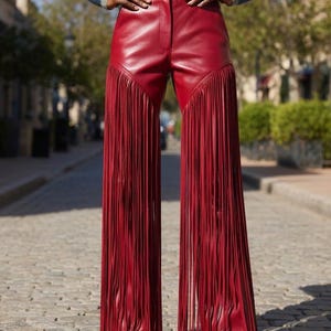 Handmade Women Leather Western Fringe Pants – Tassel Bell Bottom Trousers – Festival Streetwear