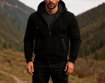 Black Suede Leather Shearling Hoodie Jacket for Men—Winter Warm Zip-Up Coat