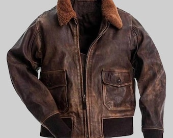 Men’s Distressed Leather Aviator Jacket – Vintage Shearling Collar Bomber – Handmade Winter Outerwear