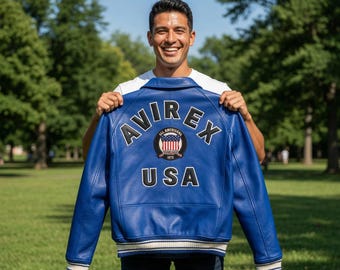 Leren Avirex-jack heren – handgemaakte varsity-bommenwerper – VS patch vintage bikerbovenkleding
