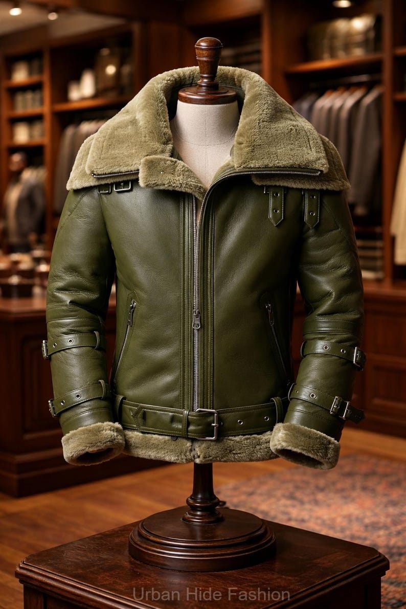 May include: An olive green leather jacket with a shearling collar and cuffs. The jacket has a zip closure, multiple buckles, and a waist belt. The jacket is displayed on a mannequin.