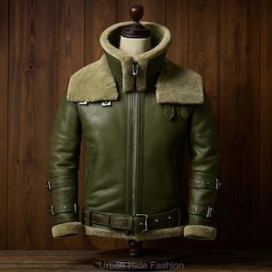 Men’s shearling leather aviator jacket handmade biker winter coat front view