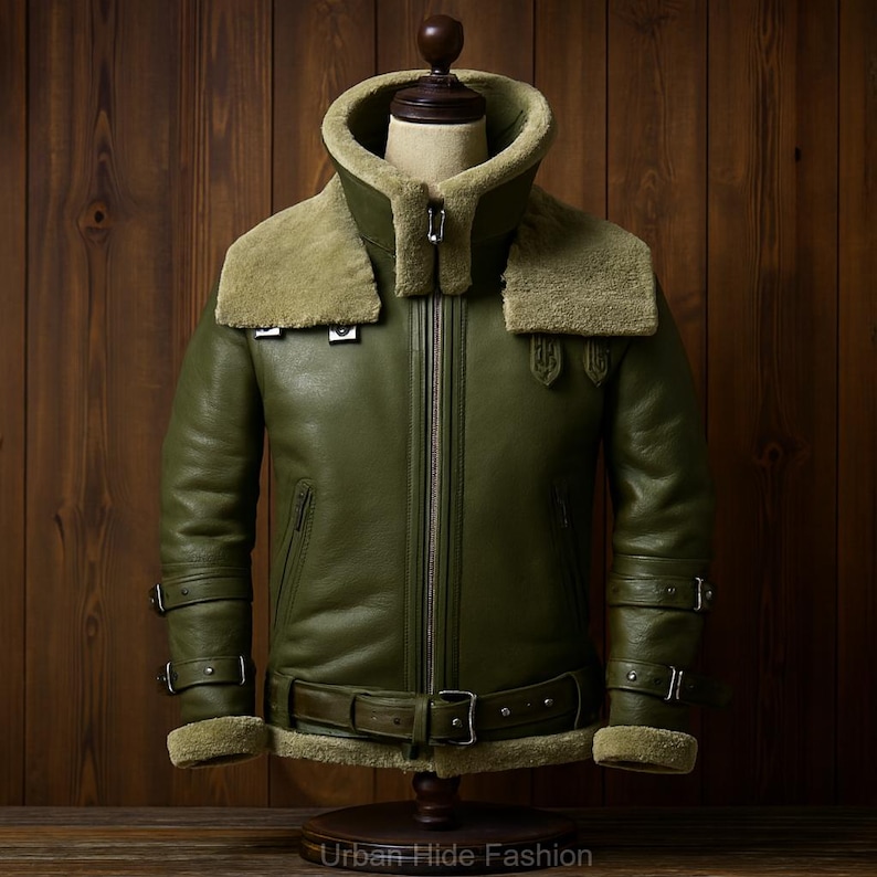 Men’s shearling leather aviator jacket handmade biker winter coat front view