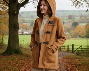 Women’s Wool Duffle Coat – Hooded Toggle Winter Jacket – Classic British Style Outerwear