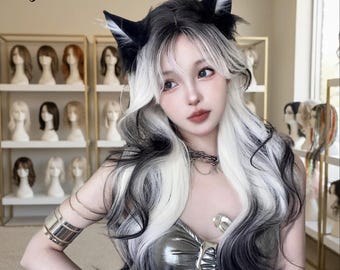 Black White Long Anime Wig, Two Tone Wavy Cosplay Synthetic Wig,Party Wig, Gift for Her