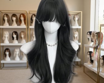 Zwarte golvende pruik met pony, lange synthetische pruik voor vrouwen, natuurlijke uitstraling hittebestendig haar, dagelijks gebruik cosplay pruik, kostuumpruik, cadeau voor haar