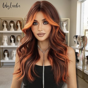 Long Wavy Auburn Wig, Flame Orange Highlight Wig, Reddish Brown Curly Wave Synthetic Wig, Voluminous Women Hair Wig, Gift for Her