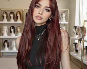Parrucca lunga e liscia color rosso vino, con riga centrale, parrucca sintetica bordeaux per donna, regalo per lei