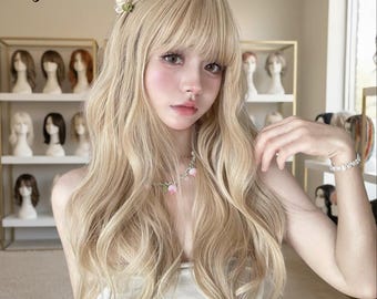 Long Blonde Wavy Anime Wig, Synthetic Cosplay Wig With Bangs, Chic Wig, Gift for Her