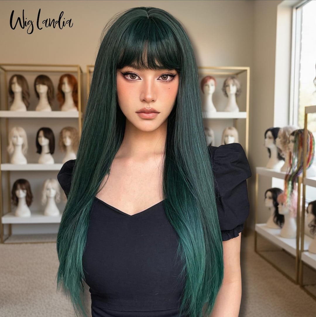 Dark Green Long Straight Wig With Bangs, Heat Resistant  display picture 3