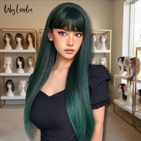 High Quality  TEAL long straight Wig w/ bangs synthetic long blue women wig bangs lolita - Temu main image 4