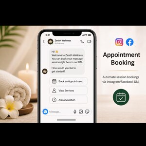 Op de afbeelding: Een smartphone toont de Zenith Wellness chatinterface met opties voor het boeken van afspraken. De tekst luidt: "Welkom bij Zenith Wellness. U kunt uw massagesessie hier in onze DM boeken." Een opgerolde handdoek, een kaars en een bloem zijn ook zichtbaar.