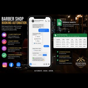 May include: An advertisement for Elite Cuts Barbershop, showcasing automated booking via Instagram and Facebook DMs. The image includes a phone screen with a chat interface, a Google Sheets display, and icons for social media platforms.