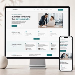 May include: A computer monitor and a smartphone displaying the Northpoint Consulting website. The site features a white background with dark text, a hero section with a business meeting photo, service categories, and client testimonials.