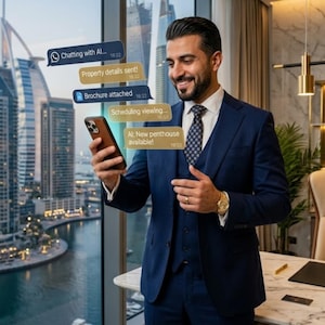 Pode incluir: Um homem de terno azul marinho sorri enquanto olha para o smartphone. Balões de texto flutuam acima do telefone, exibindo mensagens como "Chatting with AI..." e "New penthouse available!". O fundo mostra uma paisagem urbana com edifícios altos.