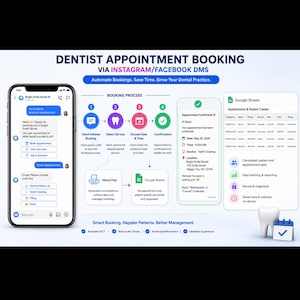 May include: A graphic illustrating dentist appointment booking via Instagram and Facebook DMS. The image shows a phone screen, booking process steps, and Google Sheets integration. Text includes "Automate Bookings, Save Time, Grow Your Dental Practice."