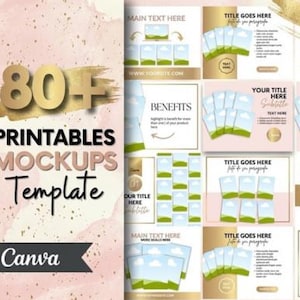May include: A template for printables and mockups with a pink and gold color scheme. The design includes the text "80+ Printables Mockups Template" and the Canva logo. The template features various layouts for social media posts and marketing materials.