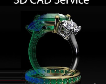 May include: A 3D rendering of a diamond ring with a large emerald and a pear-shaped diamond. The ring has a gold band with emerald accents and a silver and gold setting. The text "3D CAD Service" is at the top.