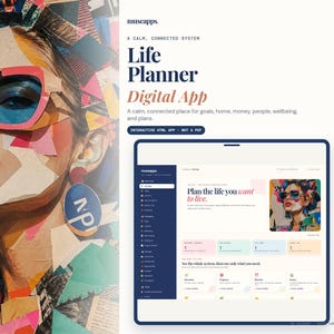 May include: A digital life planner app interface displayed on a screen, featuring a collage-style portrait of a person wearing pink-rimmed sunglasses. The text reads: museapps, A CALM, CONNECTED SYSTEM, Life Planner, Digital App, and Plan the life you want to live.