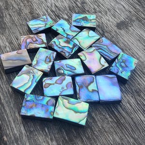 Könnte beinhalten: Eine Sammlung rechteckiger Abalone-Muschelstücke. Die Muscheln zeigen schillernde Farben von Blau, Grün und Lila. Die Stücke sind auf einer Holzoberfläche angeordnet und zeigen ihre natürliche Schönheit und einzigartigen Muster.
