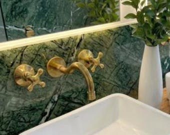 Unlacquered Brass Wall Mounted Vanity Faucet, Cobra Gooseneck Double Handle Bathroom Faucet, Living Finish Antique Brass Basin Tap,