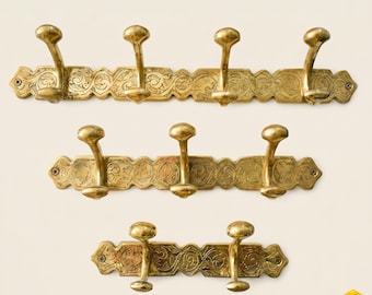 Juego de 3 ganchos de pared de latón marroquí - Perchero dorado grabado - Toallero de latón vintage - Organizador de entrada hecho a mano - Decoración de pared bohemia