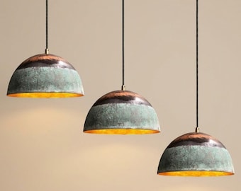 Zestaw 3 wiszących lamp z miedzi w kolorze patyny, rustykalne, patynowane oprawy oświetleniowe w kształcie kopuły, wyjątkowe oświetlenie wyspy w stylu farmhouse