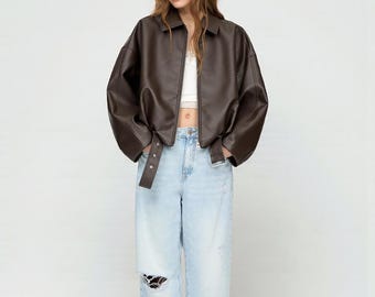 Women’s Leather Jacket, Black Brown Faux Leather Coat, Belted Zip Up Collared Fall Fashion, Stylish Casual Outerwear, Birthday Gift For Her