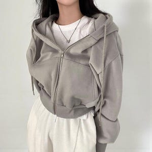Op de afbeelding: Een lichtgrijze hoodie met ritssluiting, capuchon met trekkoord en voorzakken. De hoodie wordt gedragen over een wit T-shirt en gecombineerd met een witte broek. De rits is zilverkleurig. De algehele stijl is casual en comfortabel.