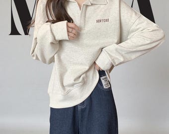 Women’s Polo Sweater, Collared Knit Pullover Jumper, Casual Preppy Top, Long Sleeve Autumn Fashion, Minimal American Student Sweatshirt