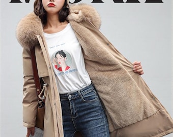 Fur Lined Women’s Coat, Warm Winter Parka Jacket, Faux Fur Hooded Linen Outerwear, Black Khaki  Blue Cozy Long Stylish Oversized Waterproof