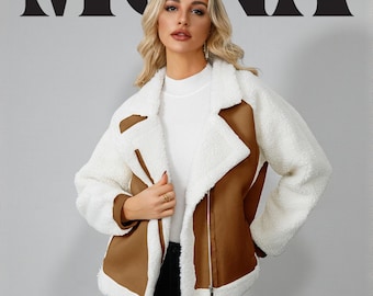 Women's Fleece Lined Jacket, Warm Winter Sherpa Coat, Suede Textured Outerwear, Vintage Style Layered Fashion, Birthday Gift For Her