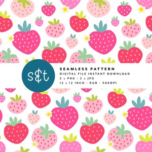 May include: A seamless pattern with a repeating design of pink and red strawberries with green leaves and small white flowers on a white background. The pattern includes the text "s&t" and "SEAMLESS PATTERN DIGITAL FILE INSTANT DOWNLOAD 12 x 12 INCH RGB 300DPI".