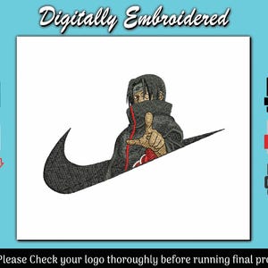 May include: Digitally embroidered design featuring a character within a swoosh logo. The character is depicted in black, red, and tan colors. The text "Digitally Embroidered" is at the top. The image includes file type icons such as JPG, PDF, and PNG.