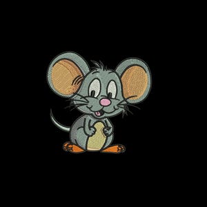 May include: Embroidered cartoon mouse with gray fur, large tan ears, and a pink nose. The mouse has a yellow belly and orange feet, with a black background. This design is suitable for children's apparel or nursery decor.