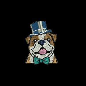 May include: Embroidered patch of a smiling bulldog wearing a blue top hat and teal bow tie. The dog has brown and white fur, a pink tongue, and black markings. The patch is set against a black background.