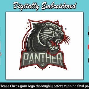 May include: Digitally embroidered panther logo design. The design features a snarling black panther head with red accents and the word "PANTHER" in a stylized font. Includes file type icons: JPG, OFM, PDF, DST, EMB, and PNG.