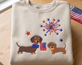 Sudadera bordada con perro salchicha del 4 de julio, camiseta del Día de la Independencia con perro salchicha, perro salchicha patriótico