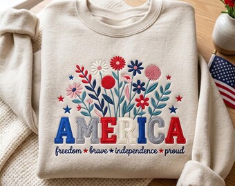 Sudadera bordada del 250 aniversario de EE. UU., camiseta del 4 de julio, estampado floral bohemio del Día de la Independencia de Estados Unidos