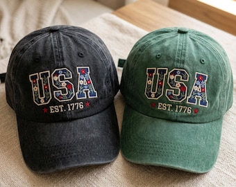 Gorra bordada con motivos florales de EE. UU., gorra retro con el lema "Orgullo Americano" (Est. 1776)