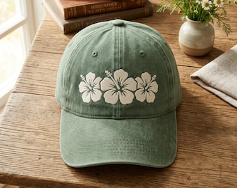 Embroidered Hibiscus Baseball Cap: Women's Hat, Small Corner Design, Hawaii Maui Florida Beach Vacation
