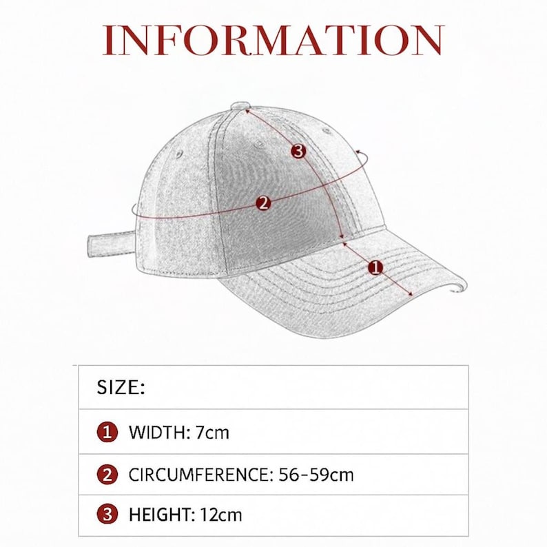 K&ouml;nnte beinhalten: Eine detaillierte Illustration einer Baseballkappe mit Ma&szlig;angaben. Die Kappe hat eine Breite von 7 cm, einen Umfang von 56-59 cm und eine H&ouml;he von 12 cm. Das Wort "INFORMATION" steht oben.