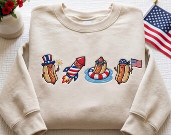 Sudadera patriótica con bordado de perrito caliente, camiseta del 4 de julio, camisetas americanas con diseño de perrito caliente y fuegos artificiales.