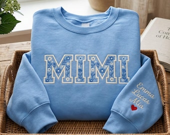 Sudadera Mimi bordada con nombres de niños, detalle floral en la manga, regalo para la abuela