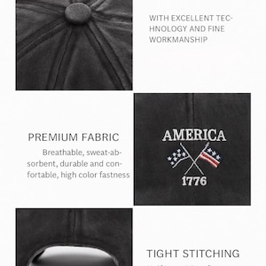 K&ouml;nnte beinhalten: Schwarze Baseballkappe mit dem gestickten Wort "AMERICA" auf der Vorderseite, zusammen mit gekreuzten Flaggen und dem Jahr 1776. Die Kappe hat enge N&auml;hte und ist aus hochwertigem Stoff gefertigt.
