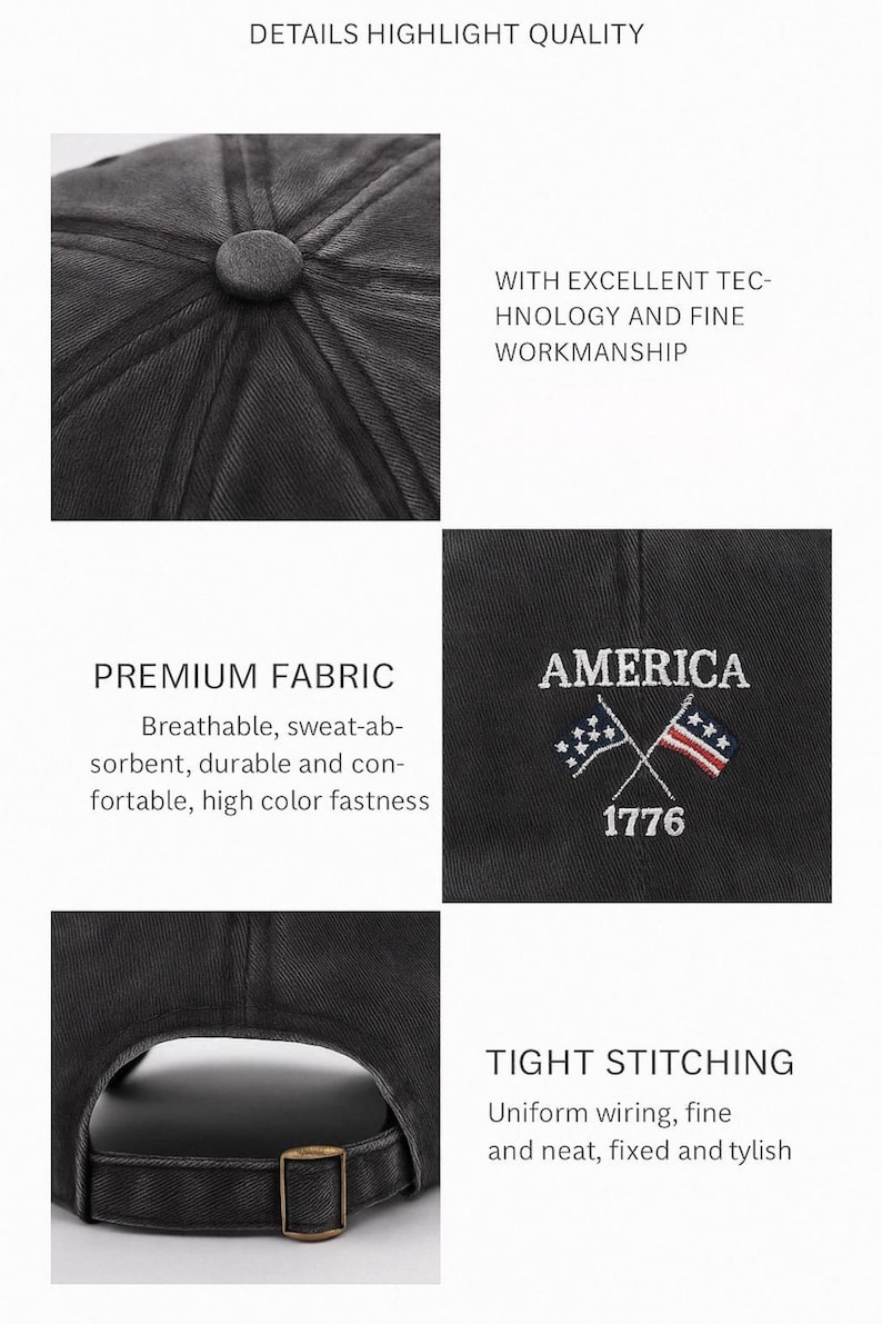 K&ouml;nnte beinhalten: Schwarze Baseballkappe mit dem gestickten Wort "AMERICA" auf der Vorderseite, zusammen mit gekreuzten Flaggen und dem Jahr 1776. Die Kappe hat enge N&auml;hte und ist aus hochwertigem Stoff gefertigt.