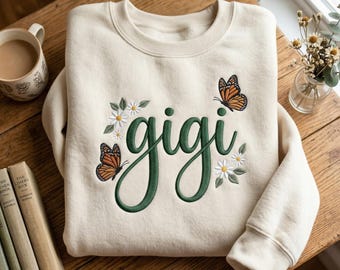 Sudadera Gigi con mariposas y margaritas bordadas, regalo estilo cottagecore para abuelas.