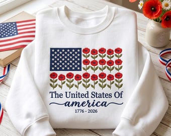 Sudadera con la bandera estadounidense bordada, camiseta patriótica del 4 de julio, camisa con estampado floral de amapolas, Día de la Independencia