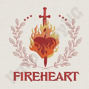 May include: Embroidered design featuring a heart engulfed in flames pierced by a sword. The design includes a laurel wreath, stars, and the word "FIREHEART" in red. The artwork is on a cream-colored fabric.